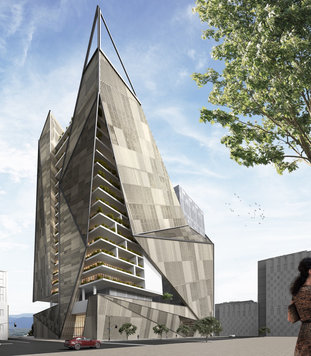 Rendu 3D du futur siège de Phénicia à Kinshasa, tour aux façades facettées en lames métalliques et terrasses plantées.