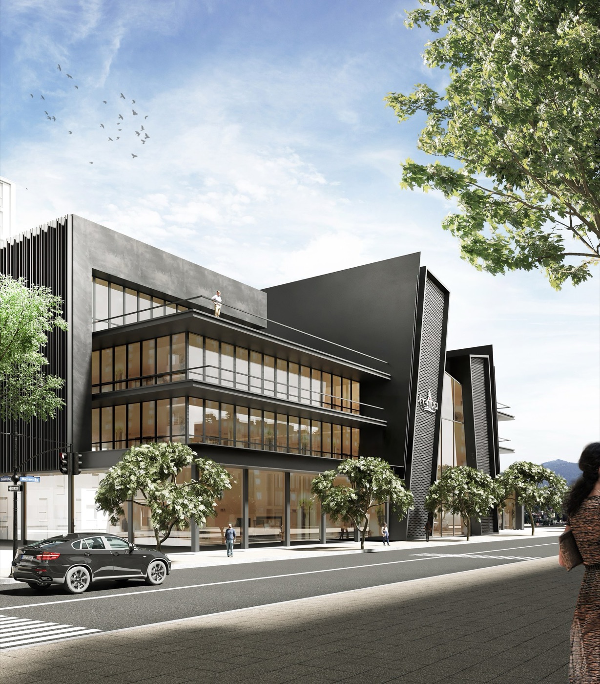 Rendu 3D du futur showroom de Phénicia à Abidjan, façades noires, étages vitrés et rez-de-chaussée ouvert sur la rue.