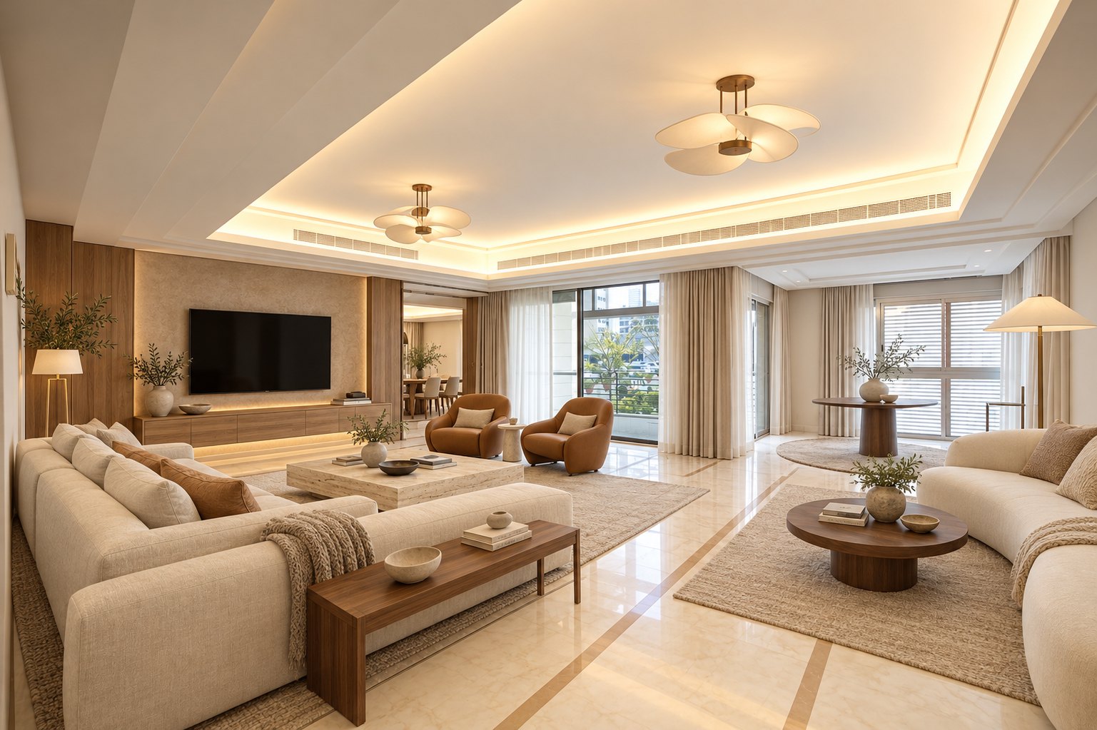 Séjour aux tons chauds, canapés beiges, fauteuils cognac, mur de télévision en bois et plafond à éclairage indirect.